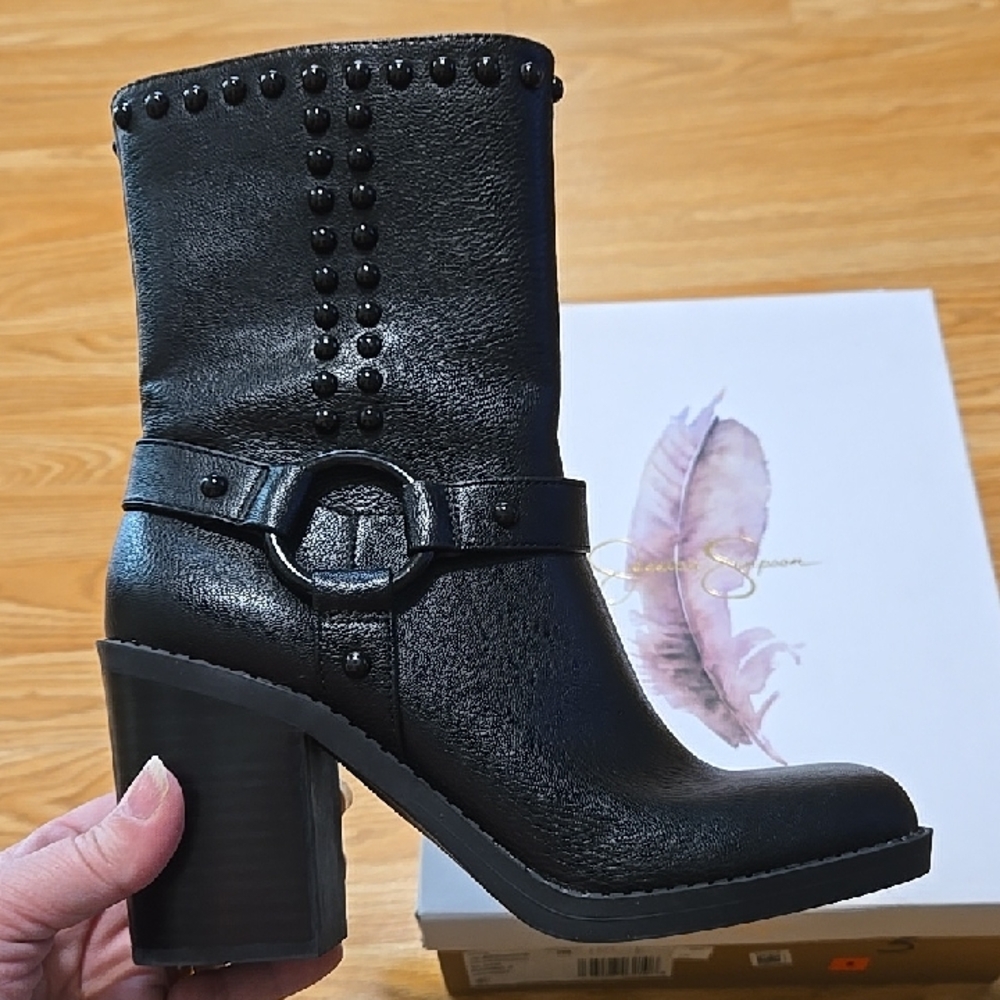 NWT Jessica Simpson Black Heeled Boots with Studded Detail Bernique